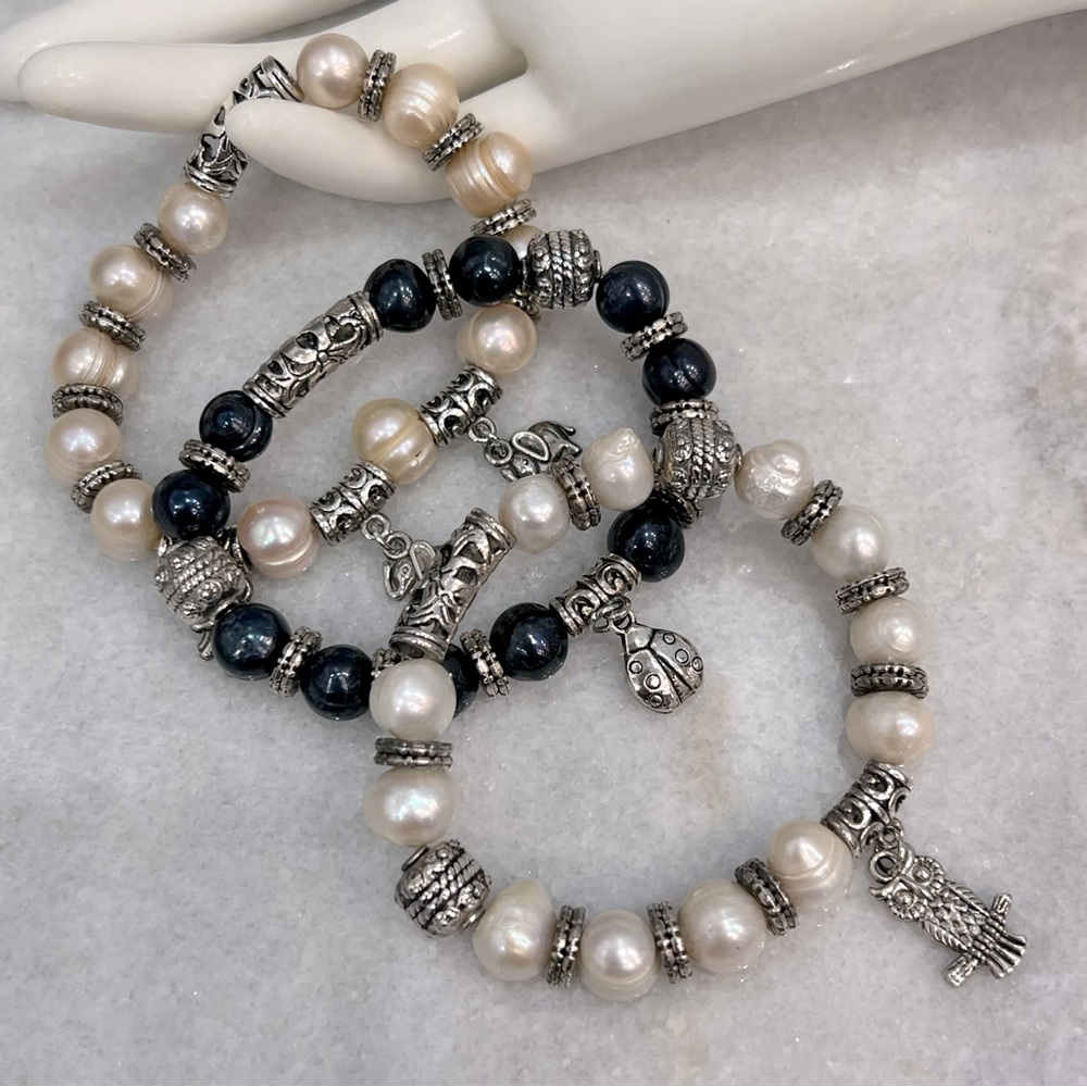 Freshwater Pearl multicolor Silver 3 PC Dangling Charm Stretch Bracelet Set
